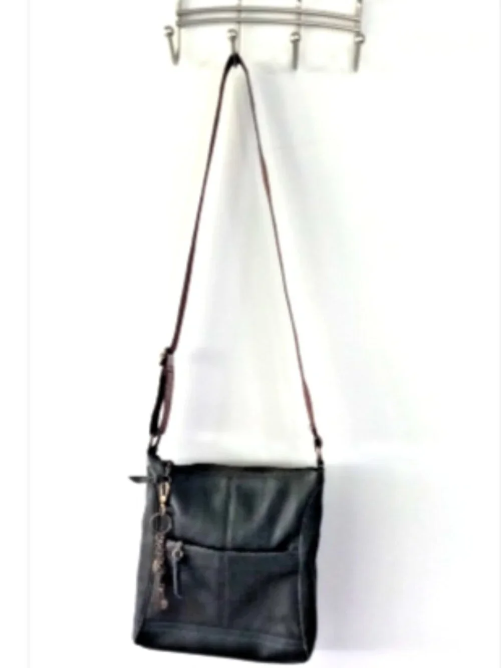 The Sak Brown Leather Crossbody Bag Woven Strap Zip Top Charm Pockets